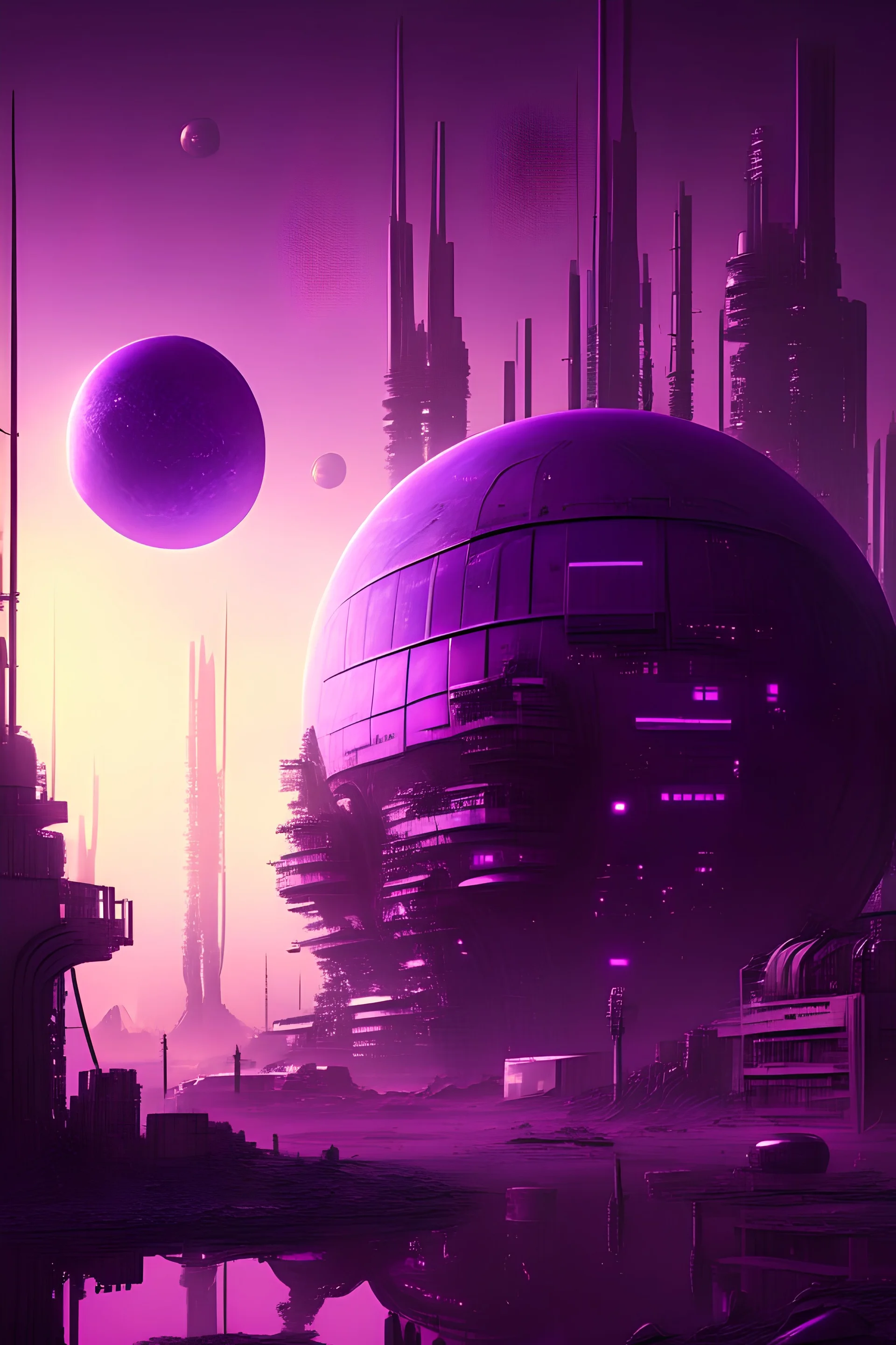 realistic industrial sci-fi city on a purple crystal planet, shot at dawn