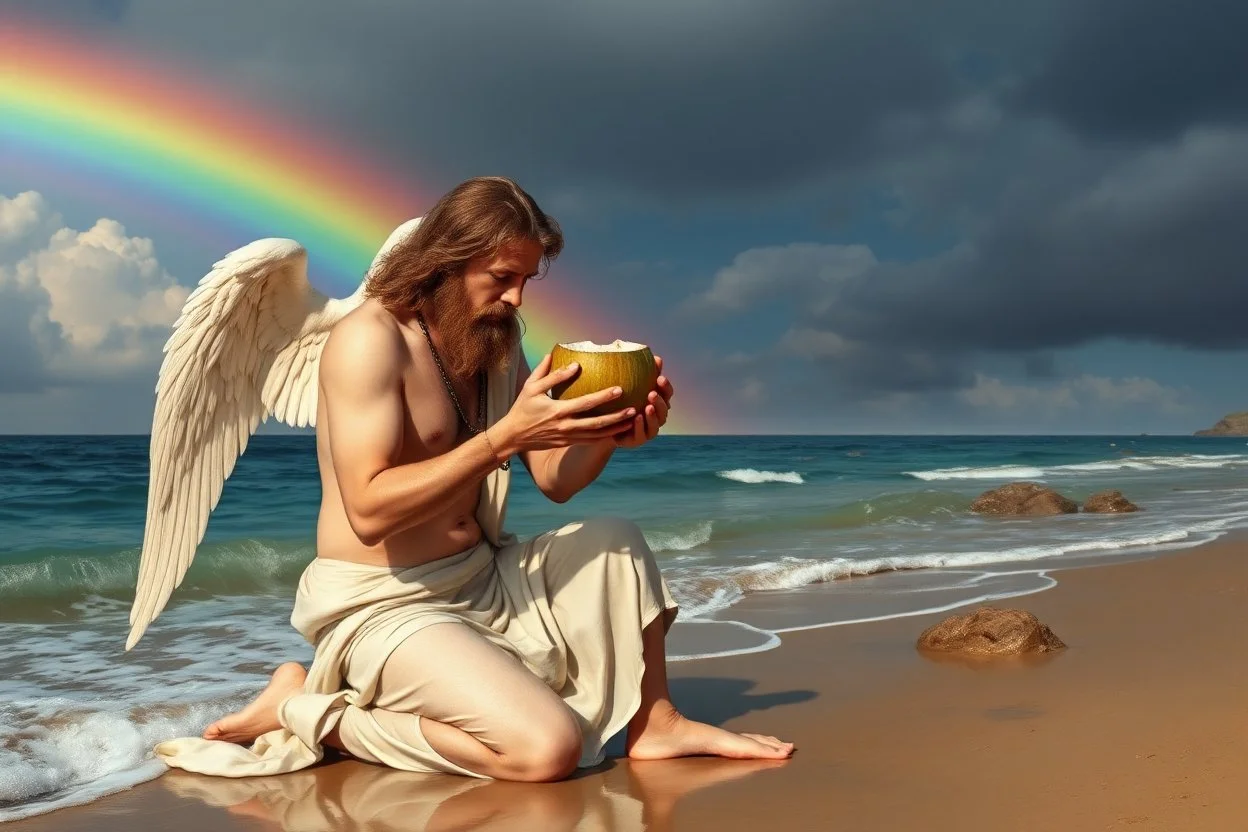 Charon on his knees on the shore holding feeding coconut wearing crying angel holding his head with rainbow background
