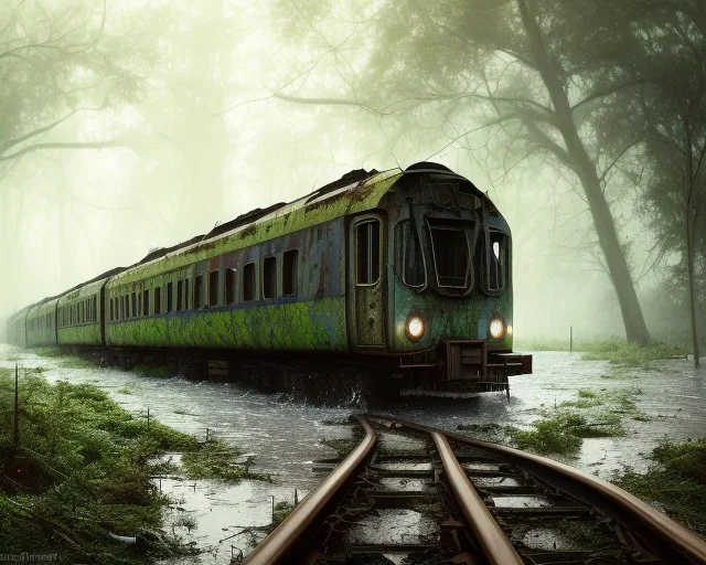 an abandoned train on tracks overgrown by nature with large puddles of water flooding part of tracks, warrior stand in front, 8k resolution, high-quality, fine-detail, intricate, digital art, detailed matte, volumetric lighting, illustration, 3D octane render, brian froud, howard lyon, selina french, anna dittmann, annie stokes, lisa parker, greg rutowski