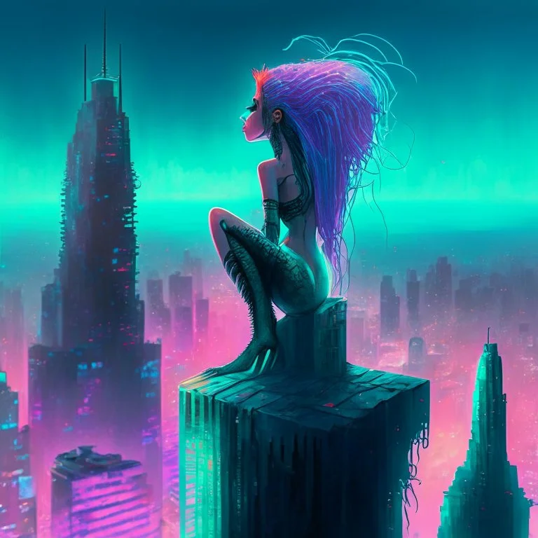 A mermaid perched atop a skyscraper, looking out at the towering neon buildings that jut out of the polluted, smog-filled horizon.