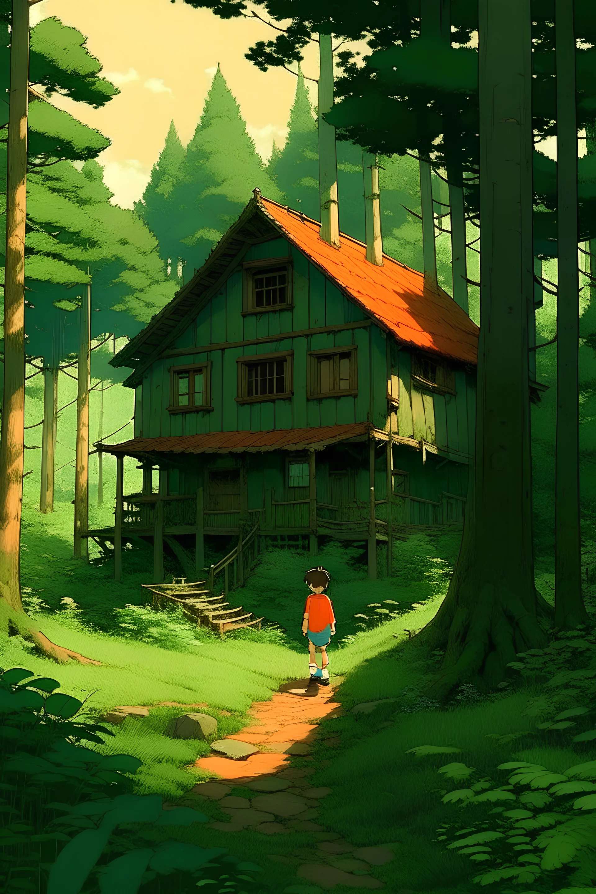 a boy in a house in a forest, ghibli style