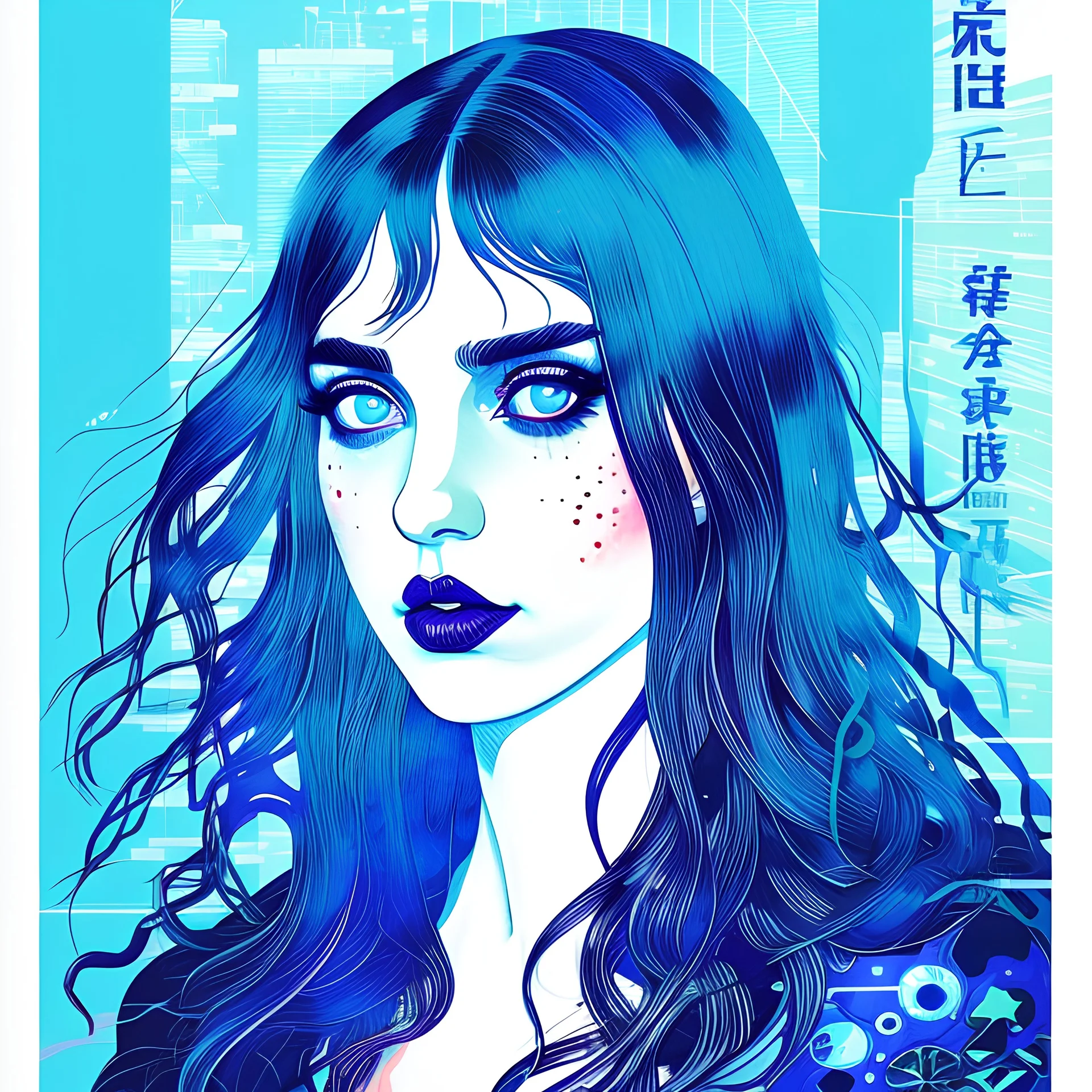 Singer Danish MØ face, beautiful cyberpunk huge girl, hyperdetailed, illustration by Katsushika Hokusai, darkblue tones,