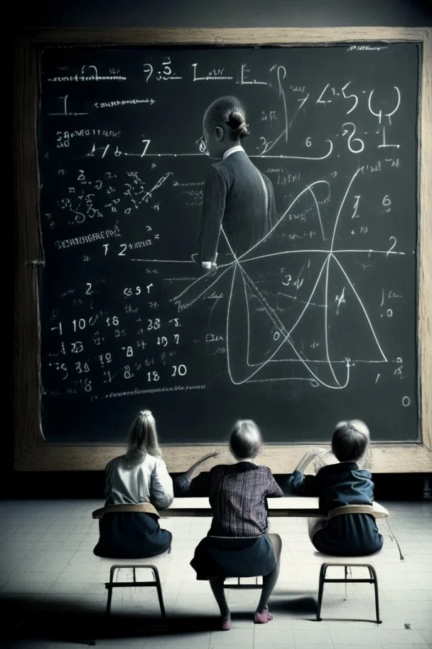 adult human sized subatomic particles, writing equations on a chalkboard, while educating human children sitting at desks