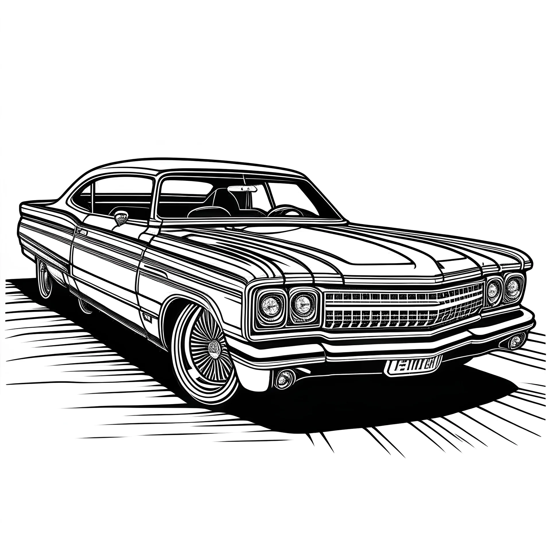 A simple line black and white drawing of a lowrider car with horror elements