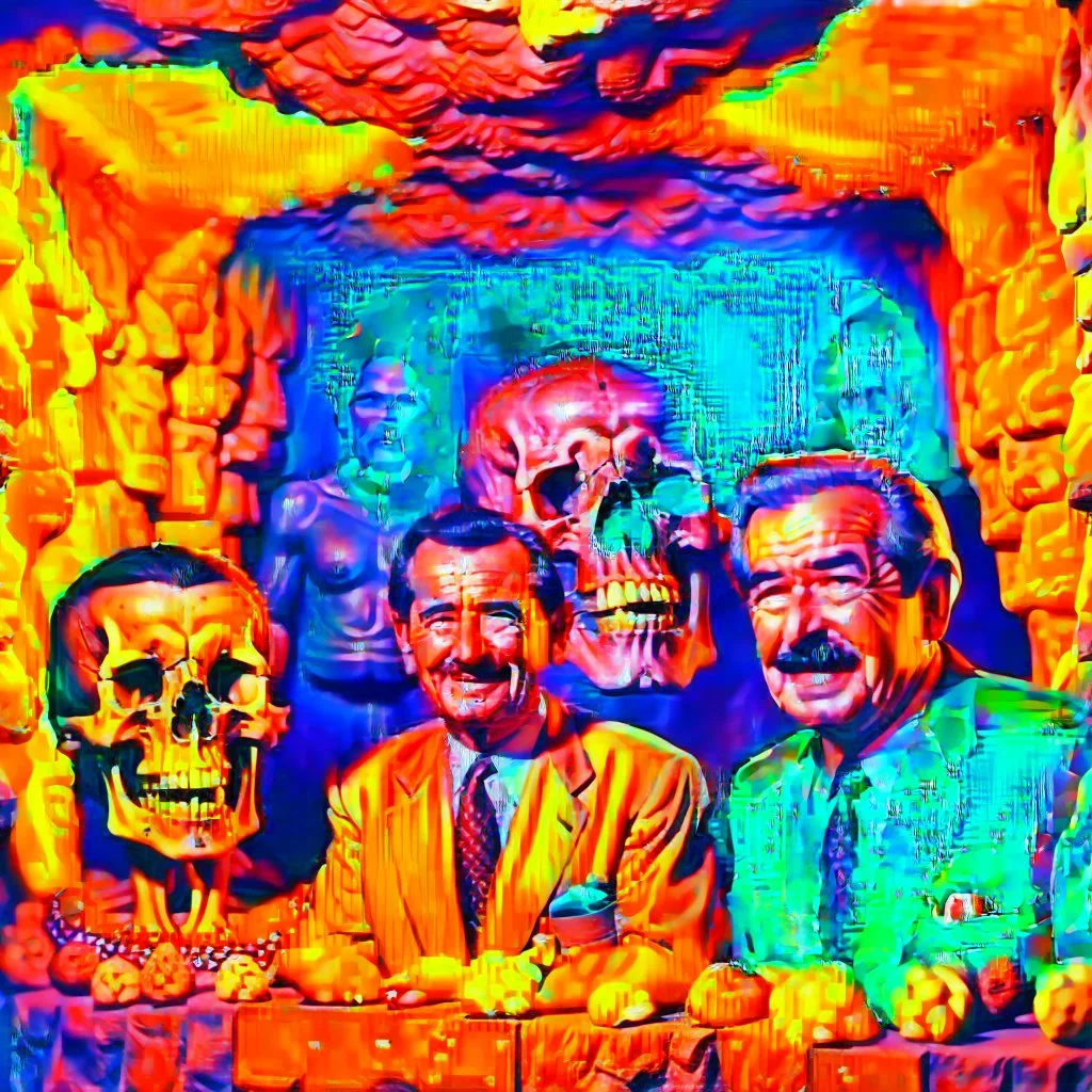 Saddam and George Bush in cave sounded by skulls in the cave walls