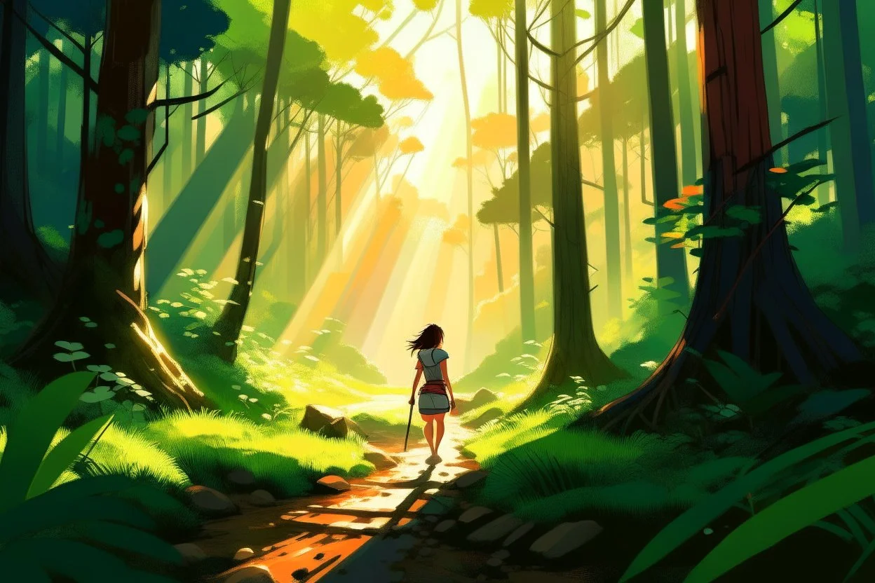 a lone woman trekking through a forest pierced by shafts of morning light , art in the style of spirited away