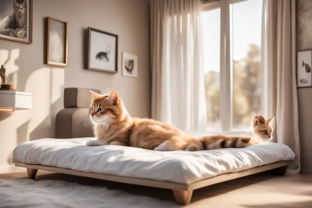 Lifelike cat-shaped bed with a cat lying on it in an elegant bedroom, bedside table, window, pictures on the walls in sunlight.