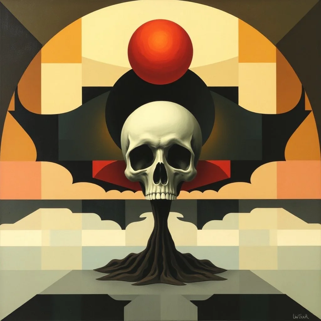 Abstract surrealist painting, geometric eulogies of Death's whisper, style inspired by Tracey Adams and Victor Pasmore