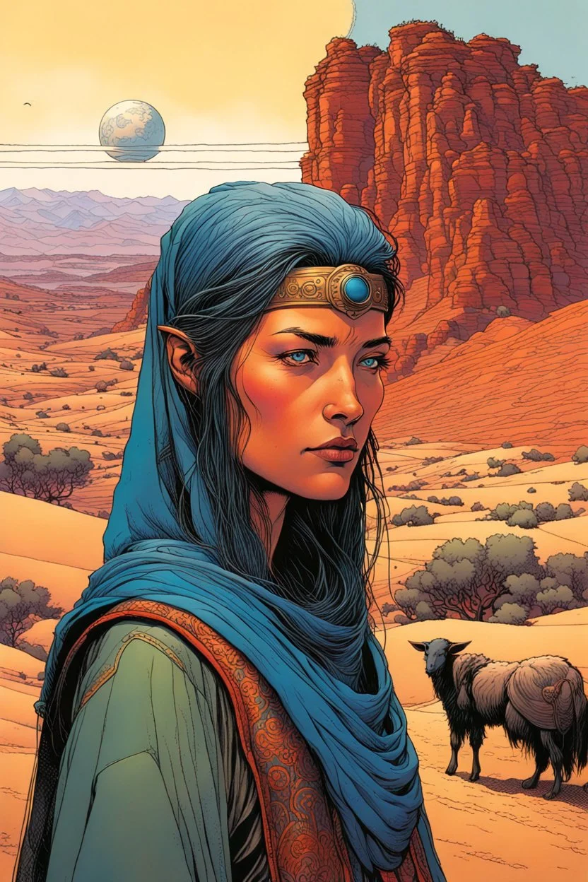 create an portrait of a nomadic shepherdess with highly detailed, delicate feminine facial features, inhabiting an ethereal desert canyon land in the comic book style of Jean Giraud Moebius, David Hoskins, and Enki Bilal, precisely drawn, boldly inked, with vibrant colors