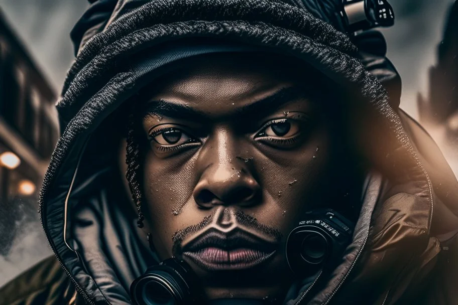 A hyper-realistic ,last rapper in the world, Photo Real, HOF, full size, practicality,manufacturability,performance, (((realism, realistic, realphoto, photography, portrait, realistic, elegant, charming, apocalyptic environment, professional photographer, captured with professional DSLR camera, trending on Artstation, 64k, ultra de