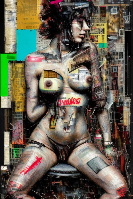 Ultra detailed medium portrait painting of a half naked woman sitting on a chair, no nudity, bended over, dark room with little light coming from an open door behind her, torn up collage of clippings, broken circuitry background, matrix effects, punk visual art, punk art aesthetic, graffiti art, pop surrealism, collage art, cluttered paint glitches