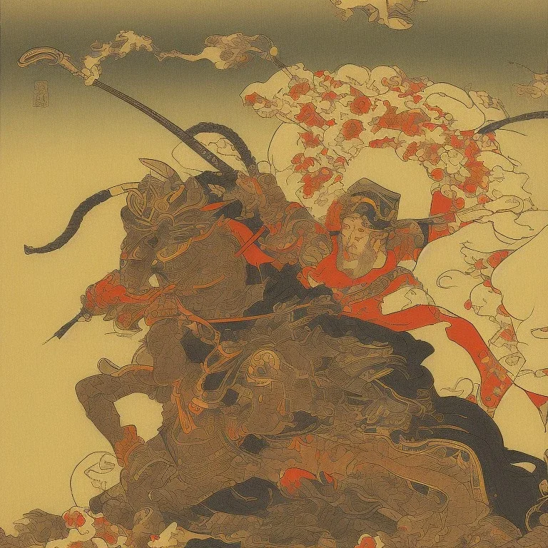 Samurai Japanese Ukiyo-e, sun in the background, walking in the mountains