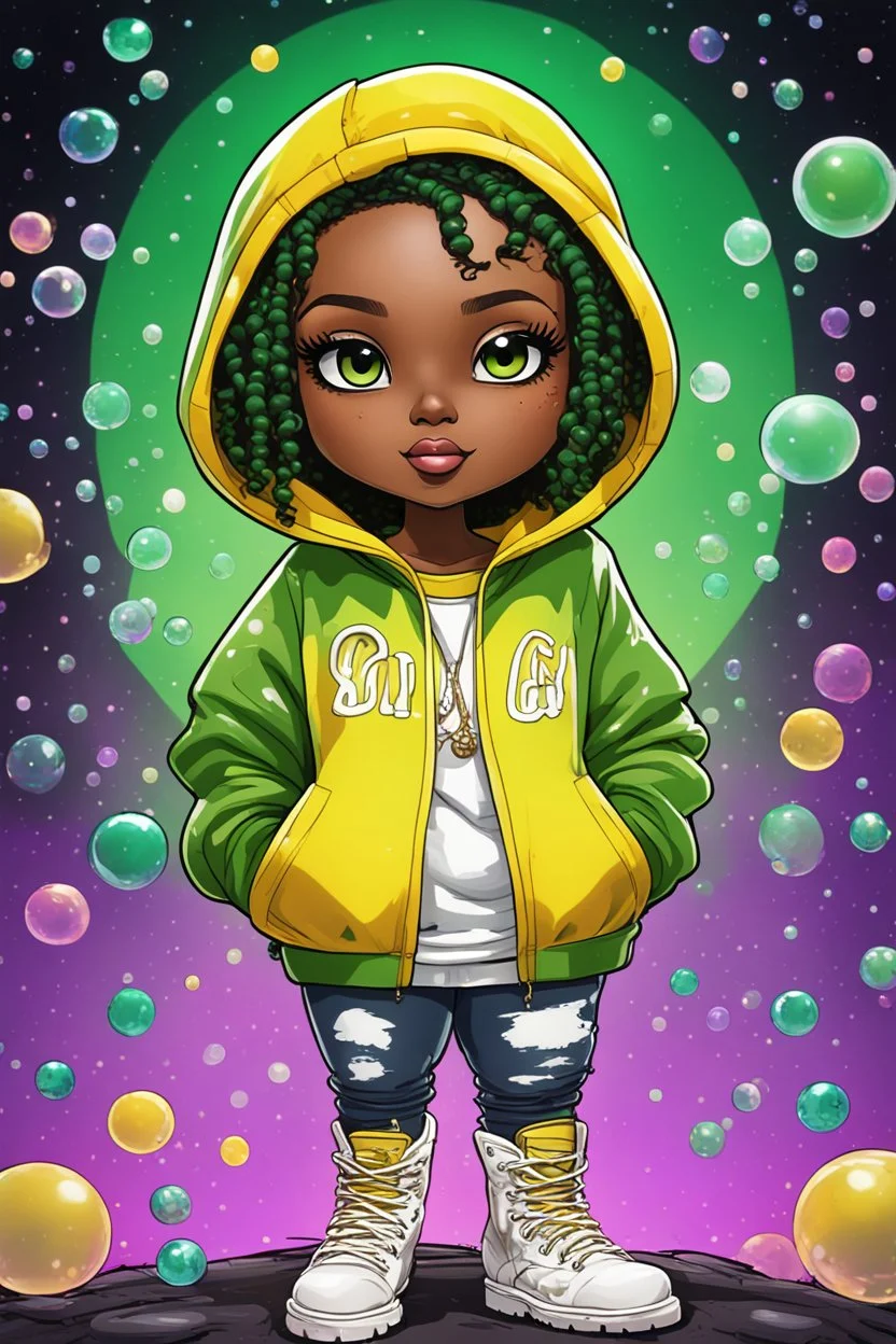 Create an colorful psychedelic comic book illustration of a chibi cartoon black female thick curvy wearing a cut of green, yellow and white hoodie and white jeans and timberland boots. Prominent make up with long lashes and hazel eyes. Highly detailed shiny sister locs. Background of a large bubbles all around her