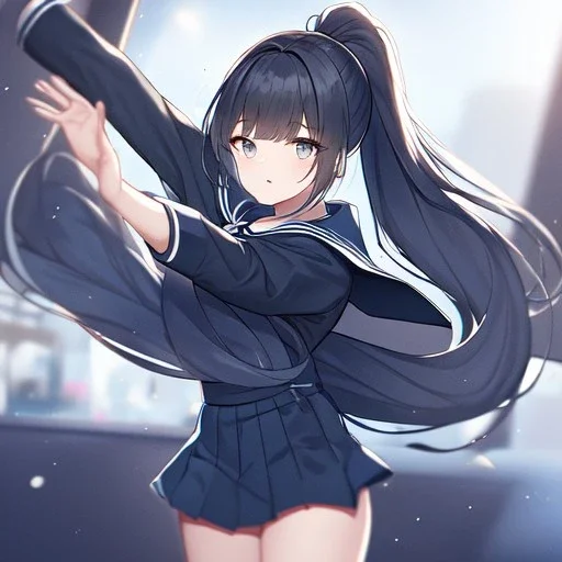 Clear focus,High resolution, Blue long straight hair in a ponytail, and grey eyes, wearing a sailor uniform, dancing in the moonlight