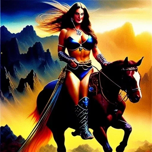 portrait oil on canvas,beautiful busty Female Warrior riding a horse, minimal armor,comic book cover, mystical colors,insanely detailed,realistic,intrincate detail,crystal clear eyes, 16k resolution, masterpiece,Simon Bisley,Frank Frazetta,Alex Horley,ARTHUR ADAMS