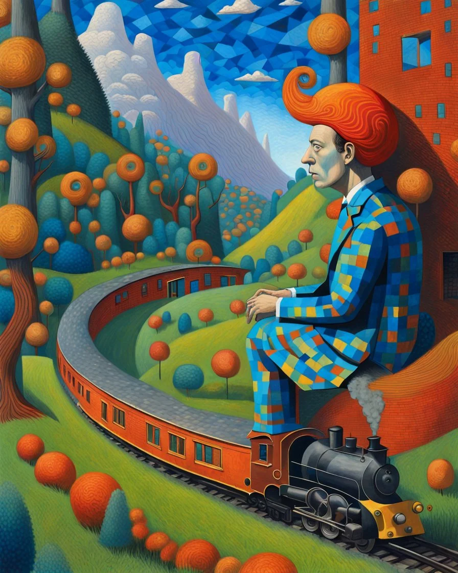 Created with Bing / Dall-E 3 option, using variations of the prompt below. ♨️ Prompt: (((Magritte, Klimt, Miró effect))). Monolithic man, Blue/yellow checkered suit, black hat, red hair, sitting on a grassy mound. Steam locomotive approaching a red brick tunnel under the mound. Surreal helix trees with green/orange foliage. Metallic blue crooked dwellings with cracked glaze and smoking stacks. A dark blue sky with flying birds and snow-capped mountains. Ultra Detailed, 3D, 16K. Modern Surrealism