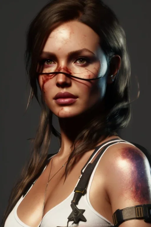 camilla luddington face, lara croft clothes, portrait busty and face, light effects, particles, explosion fire,