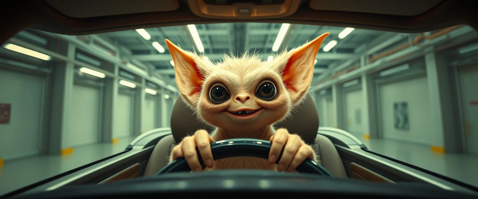 car driving happy 2d anime fluffy slimy alien gremlin man in the style of Escher and Giger and Fallout 4, pinhole cam, airbrush 3d rendering, on tv screen:A five-second cinematic single take in a clean industrial presentation hall.