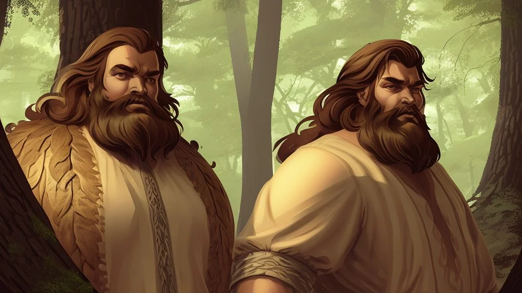 fantasy style illustration: a huge man, bigger than the biggest oak in the biggest forest. On this man was a huge mantle made of thick linen, and he girded himself with a belt of five fathoms, and his beard is like a stack of cornsilk. He is i the forest.