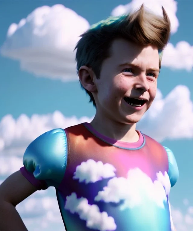 Ultra realistic clouds sky scene, medium shot view, portrait, sweet Peter Pan Childs, free jumping flying, trinkets, monster hair, jelly beans, inflatable helmet, smile, happy, Wes Anderson style, inflatable color clothing, extreme, wind, clouds sea, 20,000 feet altitude, stratosphere, soft color, highly detailed, unreal engine 5, ray tracing, RTX, lumen lighting, ultra detail, volumetric lighting, 3d, finely drawn, high definition, high resolution.