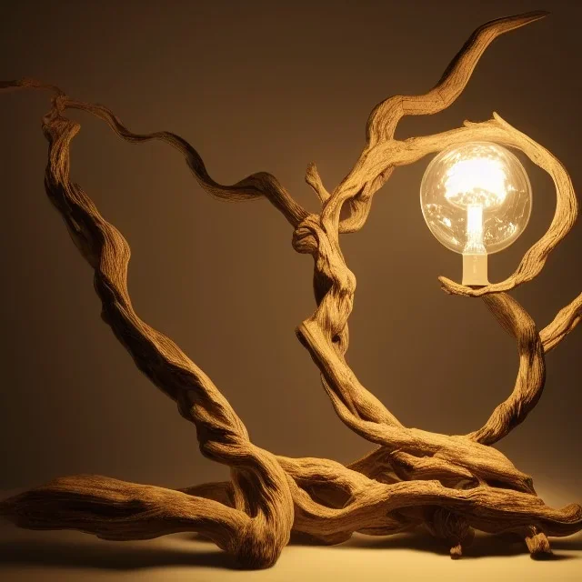 a gorgeous, stunning table lamp made of twisted, gnarled wood with illuminated globe of light hanging off one branch, decorative background, 8k resolution, high-quality, fine-detail, photorealistic, intricate, digital art, detailed matte, volumetric lighting, illustration, 3D octane render, brian froud, howard lyon, selina french, anna dittmann, annie stokes, lisa parker, greg rutowski, George Grie, Ben Goossens, Igor Morski