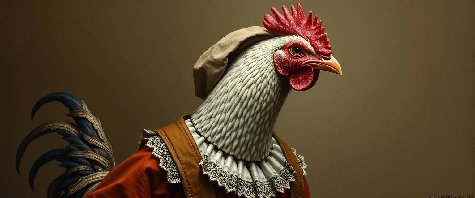 amish space alien hen dressed in amish outfit, painted by Rembrandt, Escher and Giger