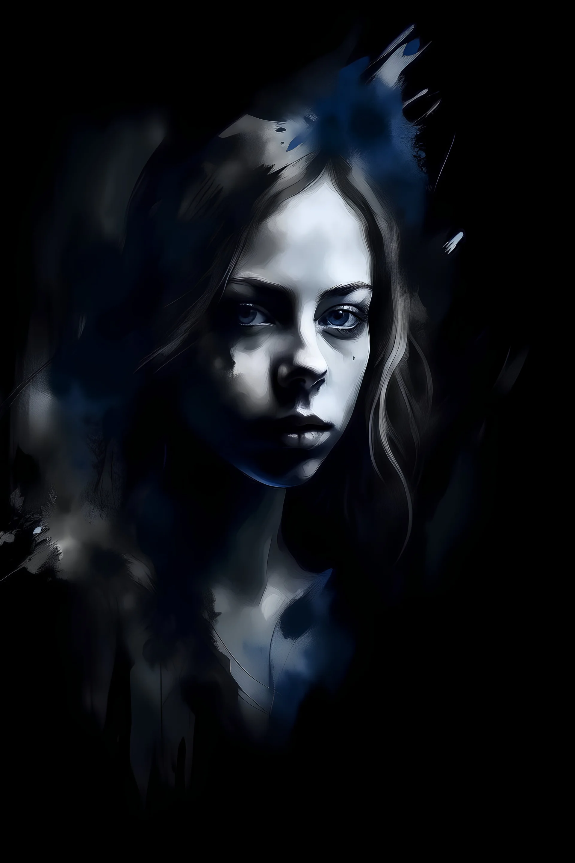 A abstract portrait of a young woman (neofigurative, abstractionism). Look like a watercolor. All black. Horror. Dark. Blur