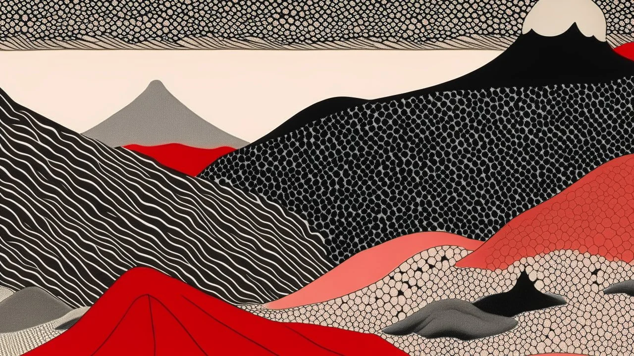 An abstract and ultra minimalist illustration by Hokusai and Kuniyoshi of a red, black and white desert landscape.