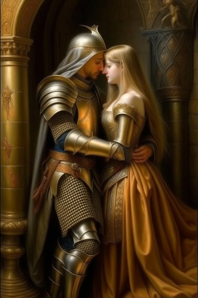 Historical oil painting expressing love The eternal between a princess and a knight Photorealistic