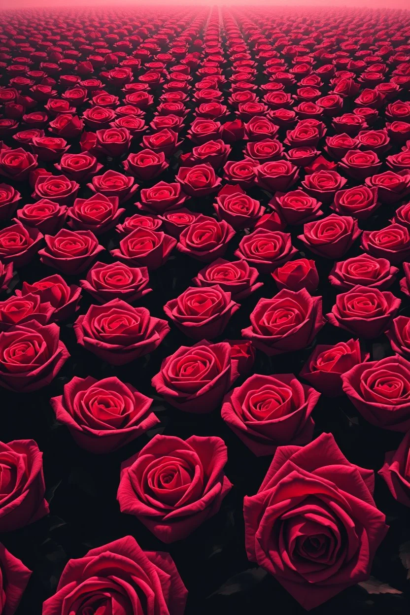 "A conceptual black-and- dark Red digital illustration of a massive roses in the same direction, heads down, symbolizing conformity. The atmosphere feels lifeless and repetitive, emphasizing the ordinary mindset of the majority."