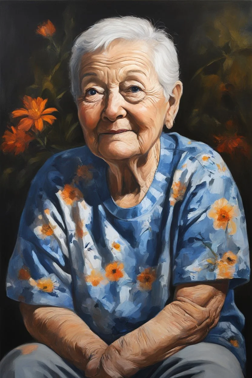 Oil paint on canvas, chiaroscuro, deep shadows, masterpiece, happy, 2020 caught off guard, 79-year-old Phyllis Kendall, short buzz-cut straight, salt and pepper gray hair, overweight, blue eyes, wearing a black, floral print, short-sleeved, pull-over shirt, dark blue sweatpants, sitting at the computer checking her emails