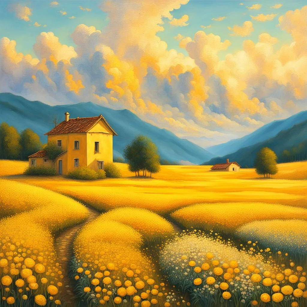 painting of a house in a field of flowers, inspired by Guido Borelli da Caluso, yellow hue, dotart, dragan bibin, fantasy italy, golden colour, jingna zhang, golden hour, perfect Wide long shot visual by @challenge2pt masterpiece.