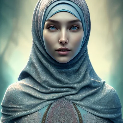 close up portrait of woman in hijab, fine detail, highly intricate, modern surrealism painting, defined cracks and breaks, high-quality, volumetric lighting, 8k, ultrahd, George Grie, Marco Escobedo, Igor Morski,Brian Froud, Howard Lyon, Selina French,