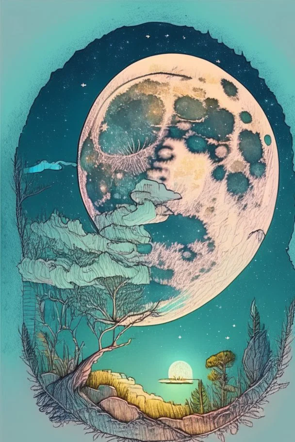 Large moon in the sky, nature doodles, drawing, color, detailed