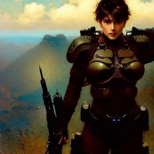 portrait of ' Deunan Knute - Appleseed Alpha',busty, painting by gaston bussiere, greg rutkowski, yoji shinkawa, yoshitaka amano, tsutomu nihei, donato giancola, tim hildebrandt, evan lee,oil on canvas, cinematic composition, extreme detail,fit full head inside picture,16k