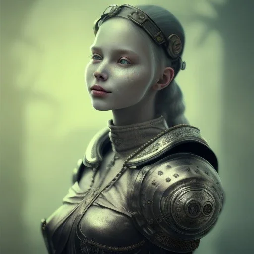 a cute smiling girl in medieval armor with a tattoo in her face, michelangelo style, steam punk, scary, horror, realistic, made in octane, cinematic, ultra-realistic, extremely detailed octane rendering, 8K, VRAY Super Real ar 2:3, dof photorealistic futuristic 50mm lens hard lighting dark gray tintype photograph, realistic lighting, sephia colors