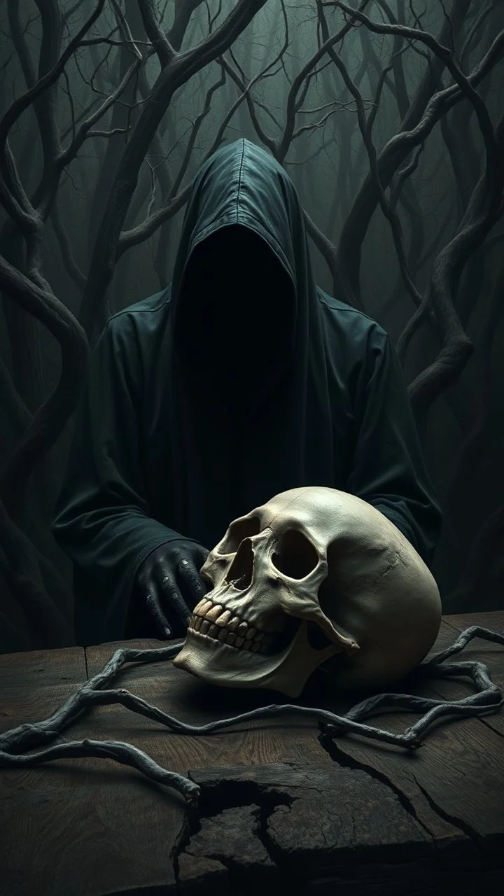 A hooded black shadow creature with no face in the background of black vein, human veins, mixing together a lot of them, like a forest, big and small veins a lot of them, a human skull sitting on an old broken table
