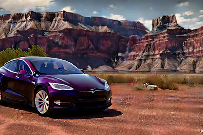 A Tesla 'Model Y' is parked, in the 'Grand Canyon National Park'. (CINEMATIC, WIDE ANGLE LENS, PHOTO REAL)