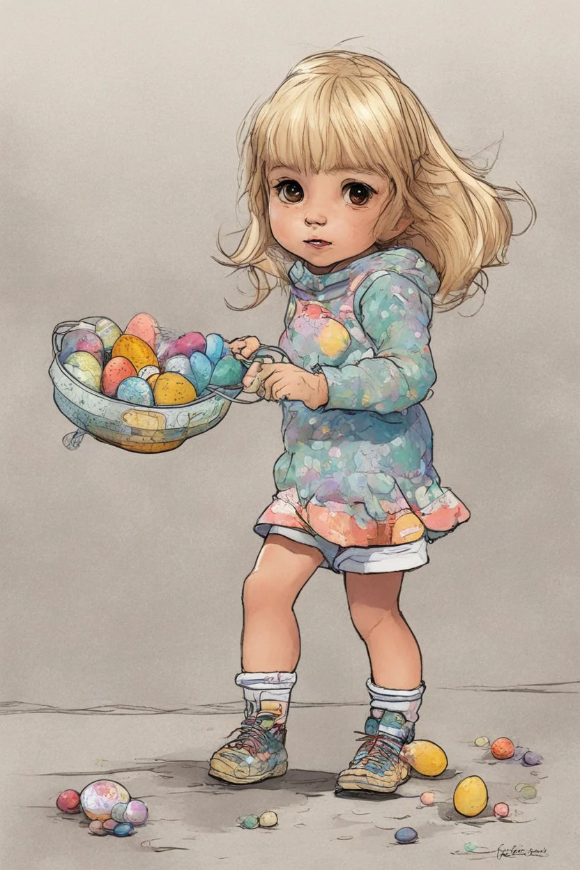 full color - a tiny little blonde girl in shorts and a turtleneck sweater coloring Easter eggs - line art by Aaron Blaise