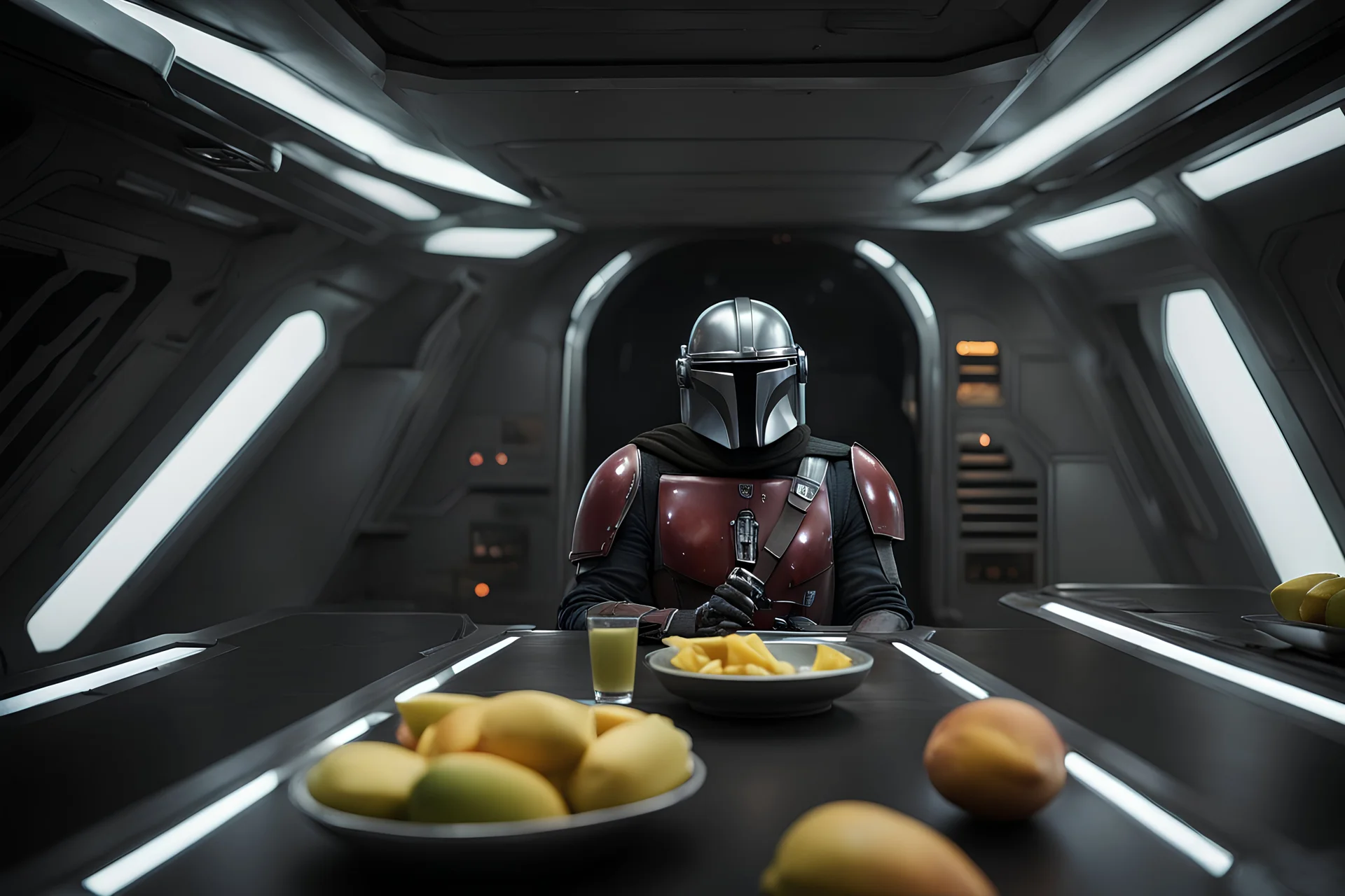 the mandalorian eating mangos front lighting in a spaceship