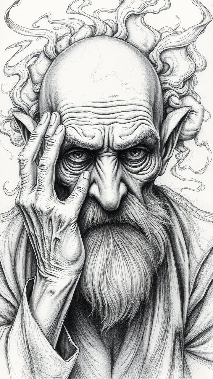 highly detailed graphite illustration, A surreal elderly figure with exaggerated anatomical featured , hands down wrinkled skin, and an intense, contemplative expression. bald head, thick eyebrows, long beard merge into swirling abstract shapes. Large, other gripping the forehead tensely. Mysterious, introspective, dreamlike, somewhat dark fantasy. #ππ§πart #prompt