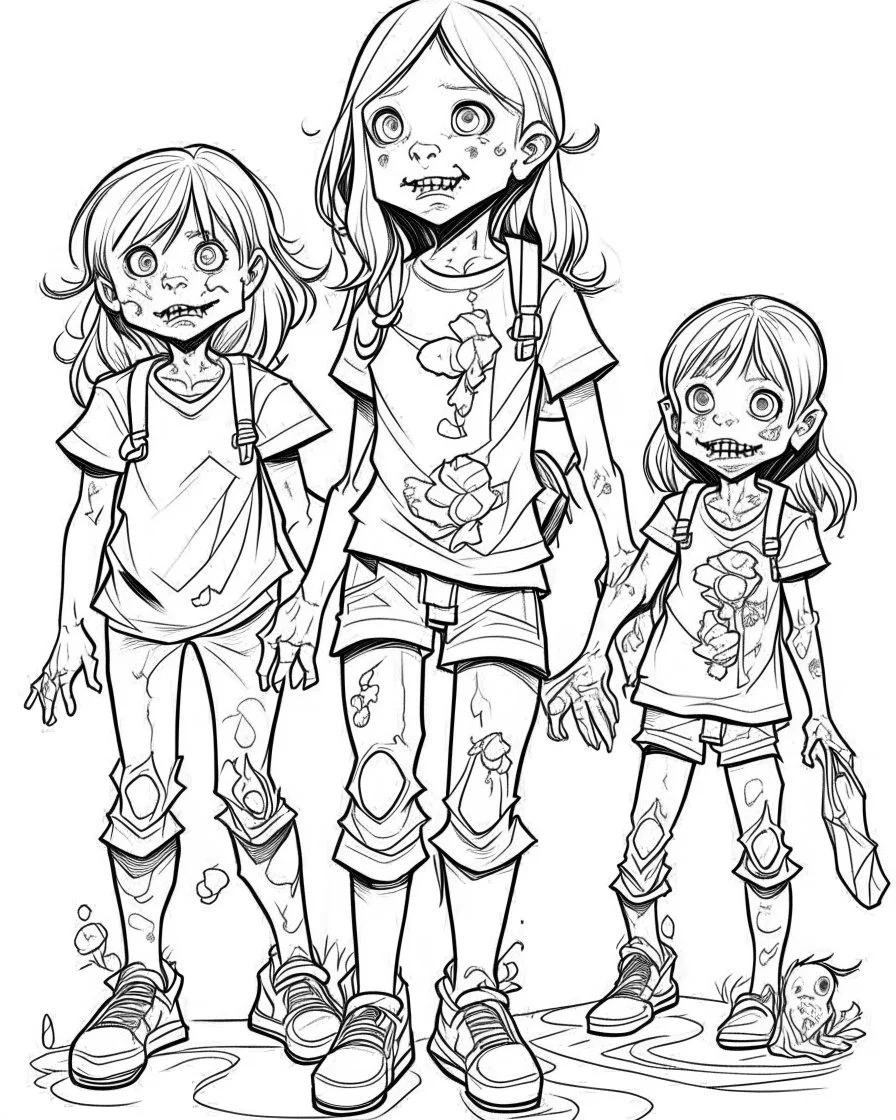 real little girl zombies, coloring image , full body (((((white background))))), only use an outline., real style, line art, white color, clean line art, white background, Sketch style