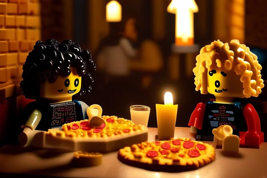 blonde lego girl and curly black haired lego boy eating lego pizza in an italian restaurant in candlelight