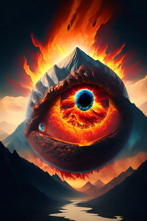 Flaming eyeball with mountains inside