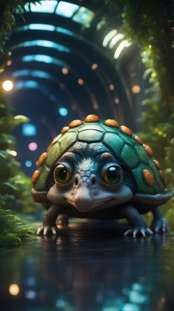 Space ostrich turtle dragon with friendly cute face and hair in dark lit reflective wet jungle metallic hall dome hotel tunnel, in the style of a game,bokeh like f/0.8, tilt-shift lens 8k, high detail, smooth render, down-light, unreal engine, prize winning