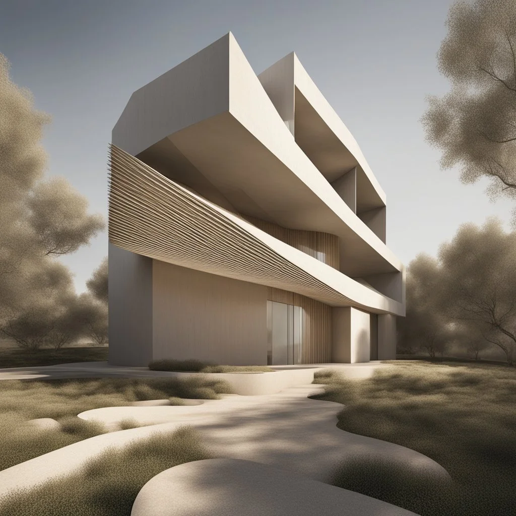 A building inspired by the kernel of the olive, presented in a minimalist and modern style.