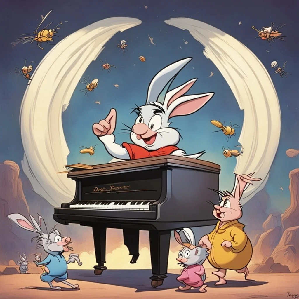 bugs bunny composer piano, diffrent planet, one swine pig piggy flying wasp angel