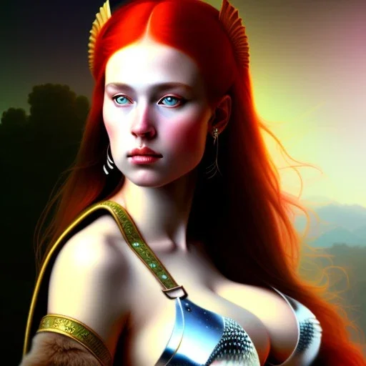 Epic fullbody Portrait of Red Sonja beatiful busty on horse estilo Jean Auguste Dominique Ingres 4k