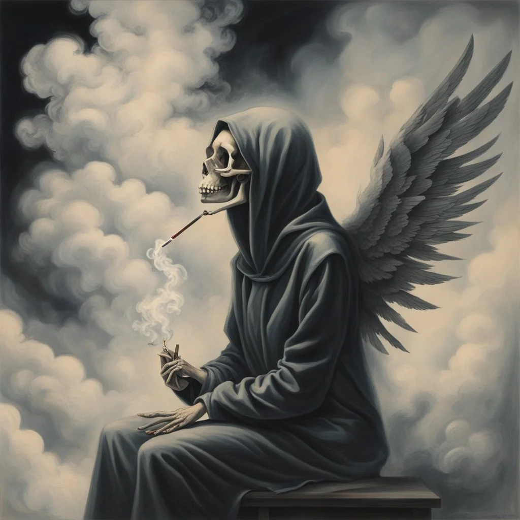 women sitting forward Her face turned upwards and blows cigarette smoke from their mouth. It depicts a figure with wings emerging from its back. a hooded skeleton can be seen behind the clouds of smoke.