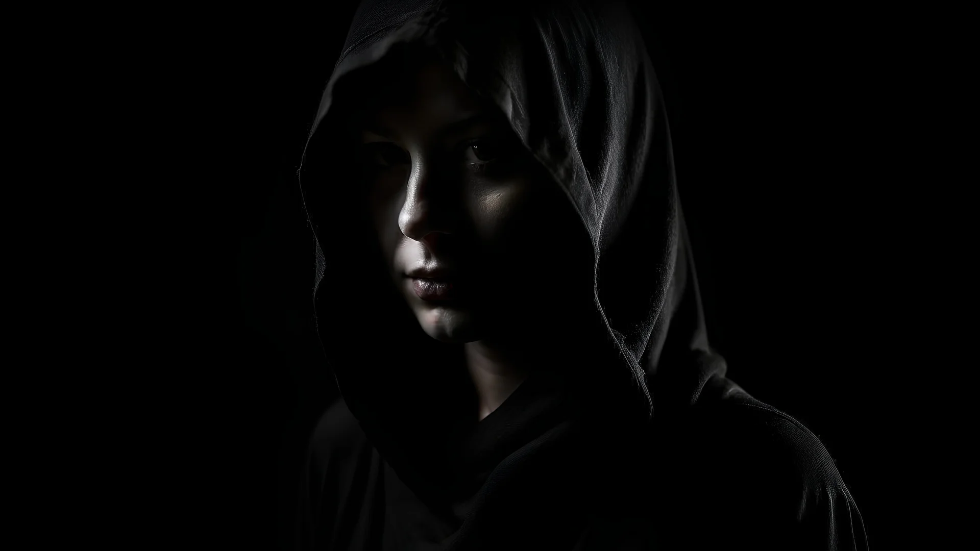 Anonymous Woman all covered in black in a black backround